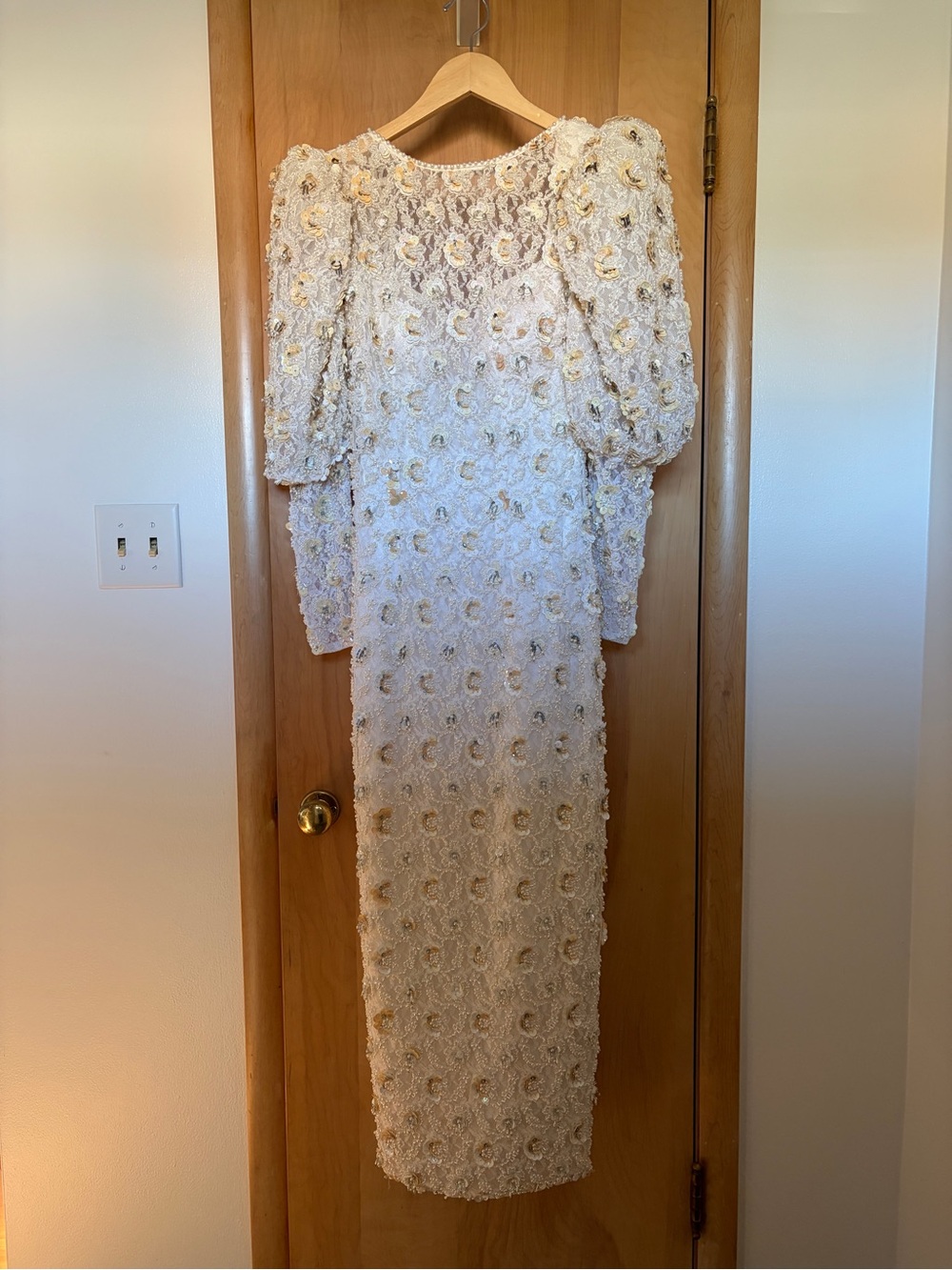 Vintage 90s Cream Beaded Lace Maxi Dress with Puff Sleeves
